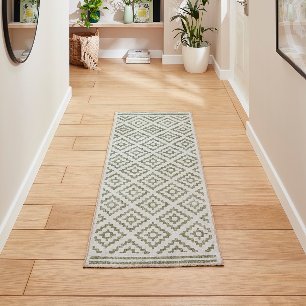 Coral H1058 Modern Washable Geometric Runner Rugs in Green